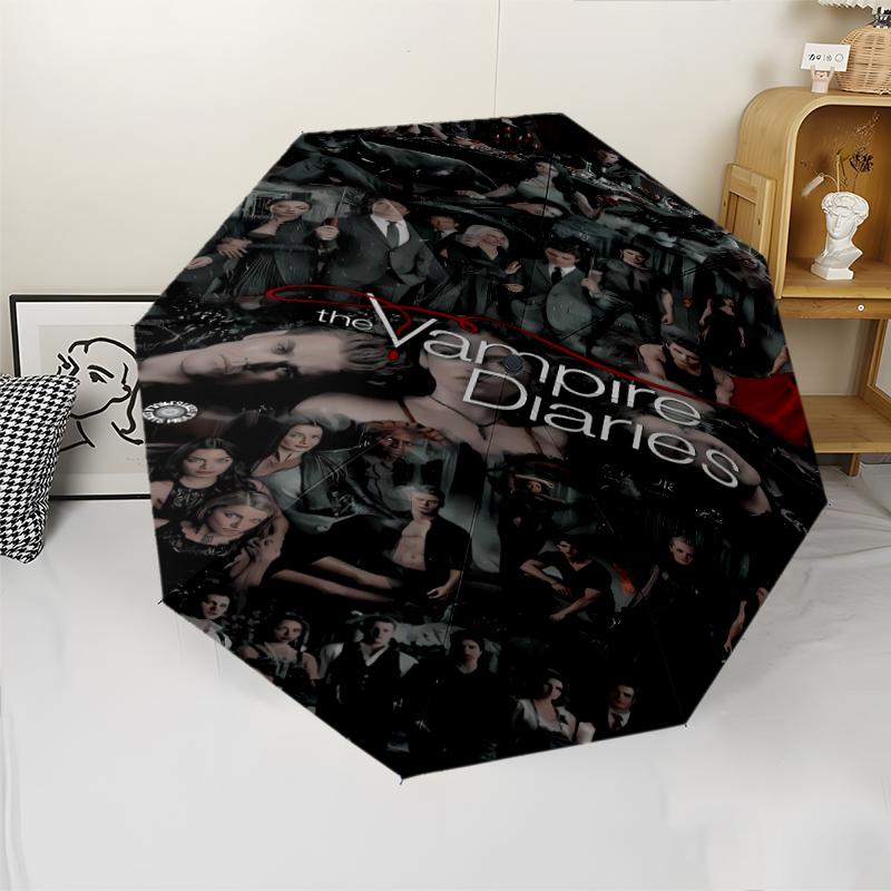 Parapluie Automatique Imprimé The Vampire Diaries, Structure en Fer à 8 Baleines, Poignée en Plastique, Convient pour les Voyages en Plein Air et le Quotidien, Cadeau Idéal