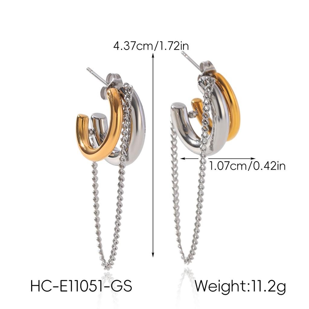 New double-line C-shaped earrings, light luxury high-end gold and silver color-block tassel ear jewelry