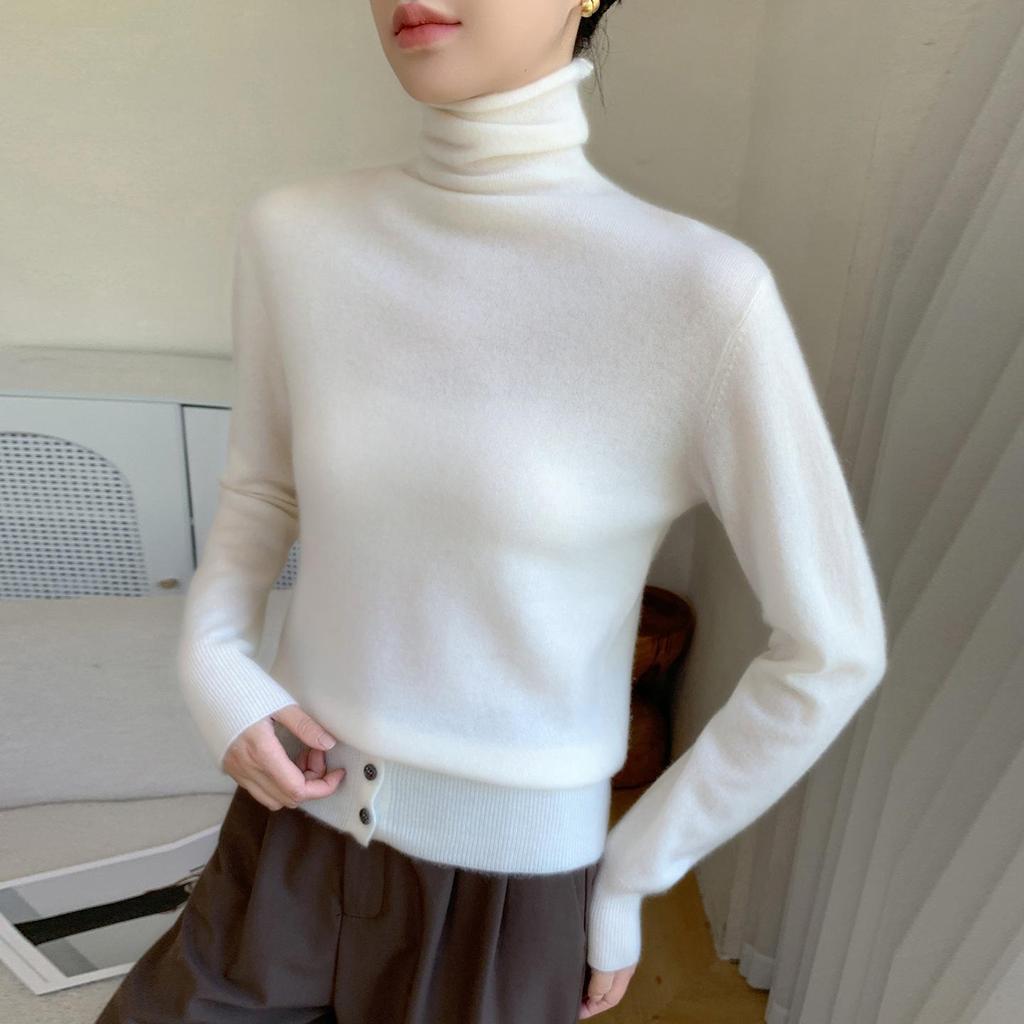 2025 A/W Women's Cashmere High Neck Loose Knit Sweater with Rolled Hem