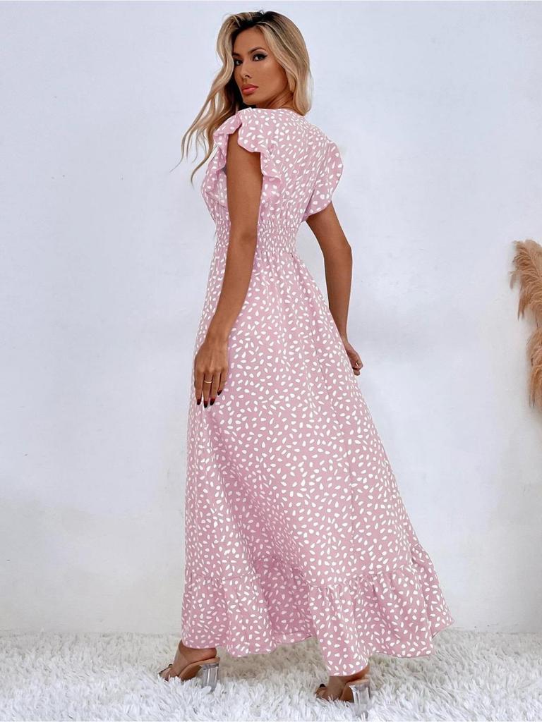 V-Ausschnitt Bedrucktes Kleid Taillenbetont Langer Rock mit Rüschenkante Elegantes Kleid für Damen Ärmellos Lockere Kleider Freizeitkleid