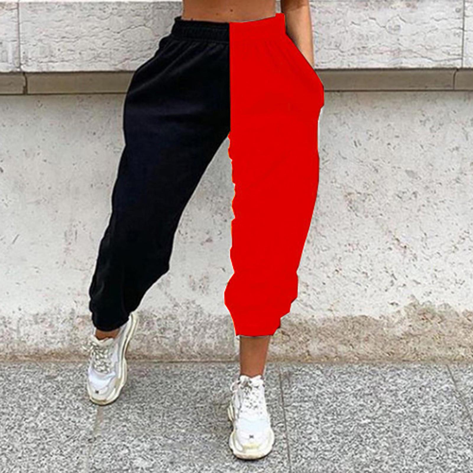 Women s Elastic High Waist  Baggy Pants Color Block Sweatpants with Pockets S красный