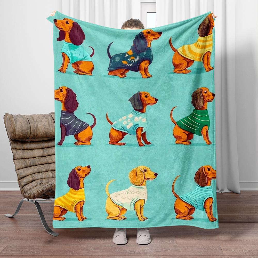 Cute dachshund dog wearing clothes pattern cartoon animal design soft flannel throw blanket for pet lovers or children room