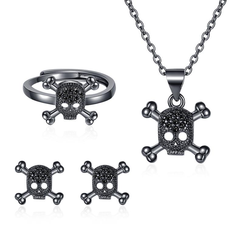 New Full Diamond Skull Necklace for Women Halloween Retro Punk Style Ins Earring Ring Set Accessories