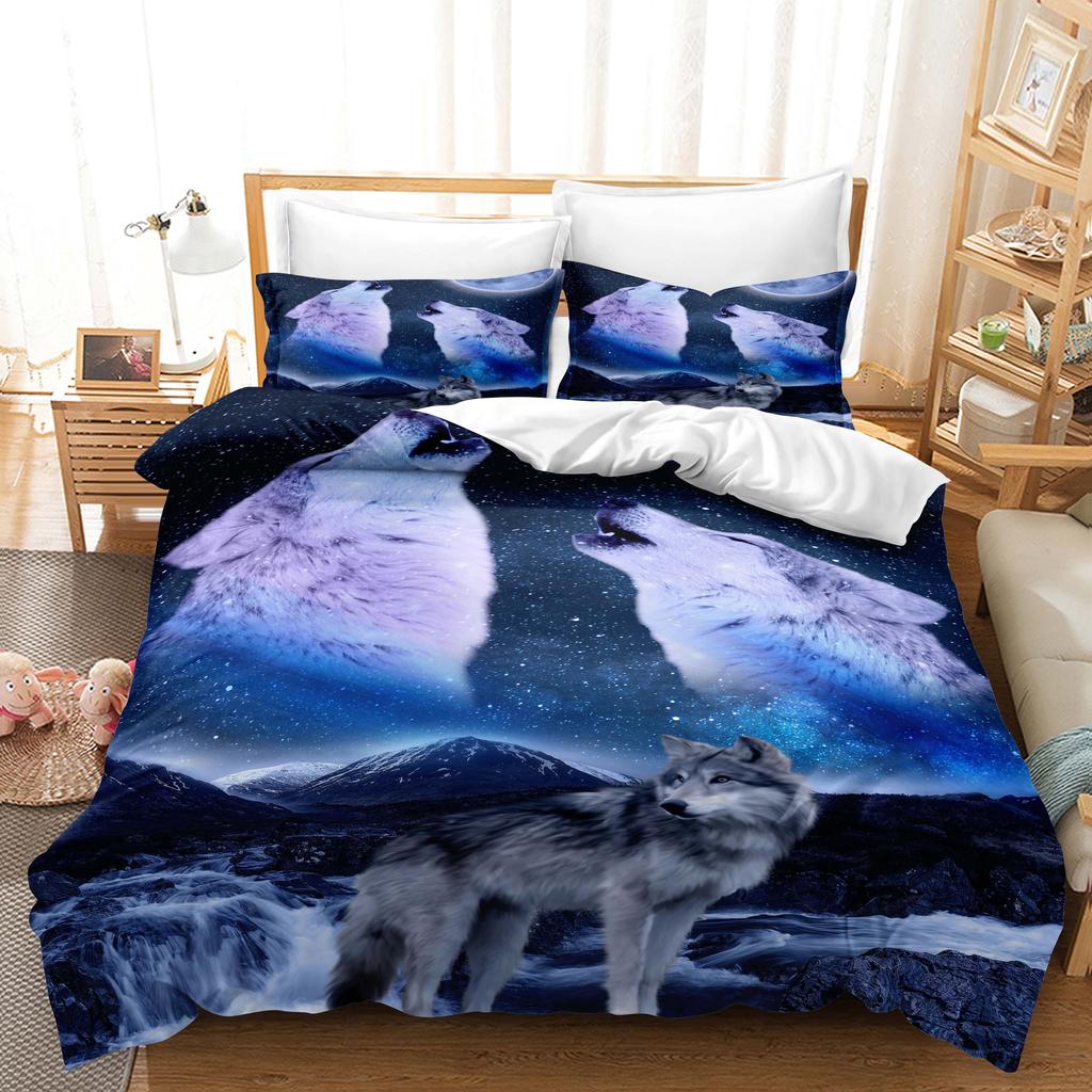 Lenjerie de pat de uz casnic cu model de lup 3D Pat de o persoană Pat dublu Față de pernă cu imprimeu de lup și husă de pilota 2/3 seturi de lenjerie de pat dormitor pentru adulți și copii