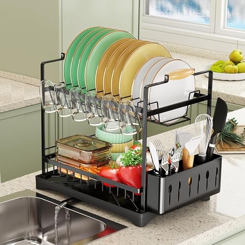 SVOHZAV Dish Drainer, Over-the-Sink, Horizontal Dish Drainer, Dish Drying Rack, Rust-Proof, 2-Tier, Large Capacity, Dish Rack, Kitchen Dish Drainer, W