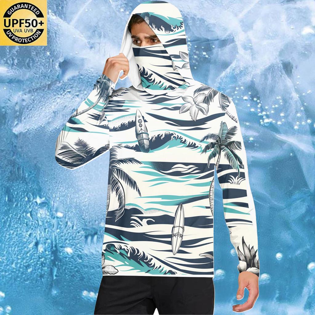 Men's Casual Hawaiian Print Hooded Long Sleeve Sun Protection Shirt Lightweight Breathable UV Protective Top for Outdoor Activities