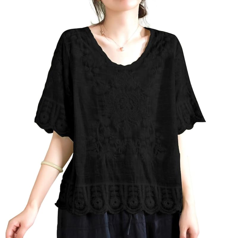

[Bidason] blouse ladies shirt short sleeve embroidery cotton breathable Thin Cooling measures UV cut Relaxing body shape cover adult Feeling of