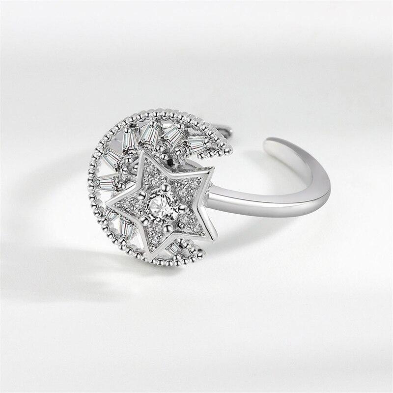 Kofsac Exquisite Zircon 925 Sterling Silver Rings For Women Creativity Rotatable Moon Star Ring Jewelry Relieve Anxiety Stress