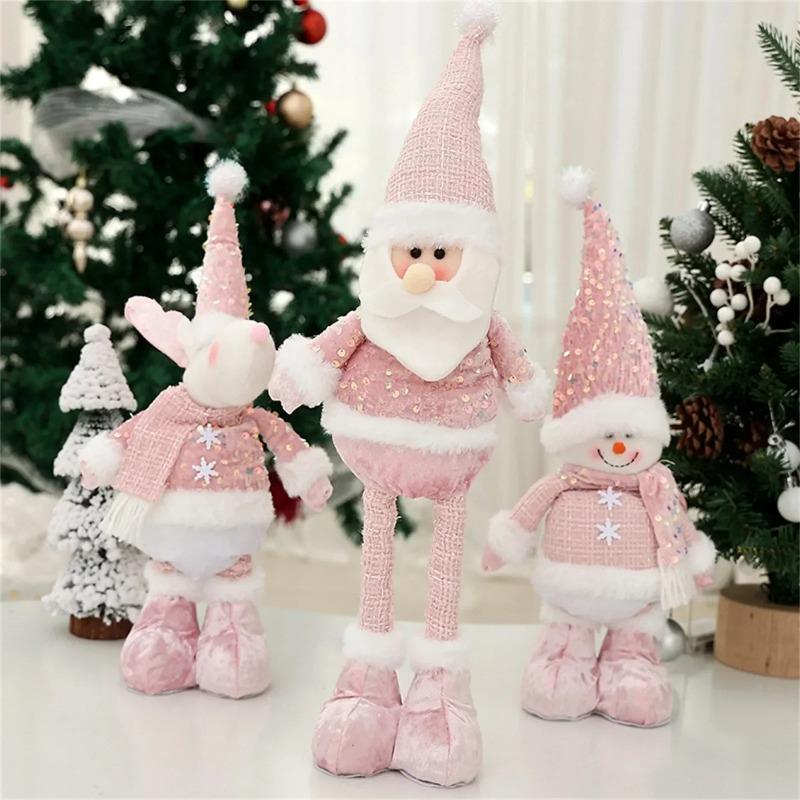 Standing Extendable Christmas Santa and Snowman Plush Doll Pink Glitter Toy Holiday Home Decor Ornament for Table Desk
