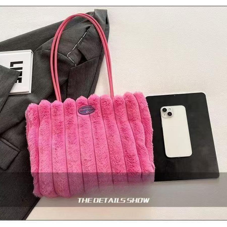 New Sweet Plush Tote Bag for Women, Large Capacity Fashion Handbag, Cute Furry Shoulder Bag for Daily Commute and Shopping KTB