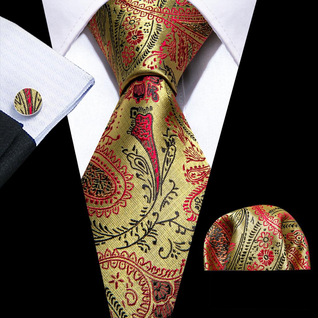 Barry.Wang Floral Ties for Men Woven Paisley Wedding Necktie Handkerchief Cufflinks Formal Casual Set