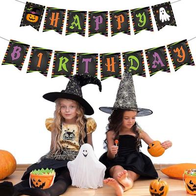 2026 Cartoon Halloween Pattern Banner Paper with Pumpkin Ghost Happy Birthday Banner Halloween Birthday Decorations Boys Girls