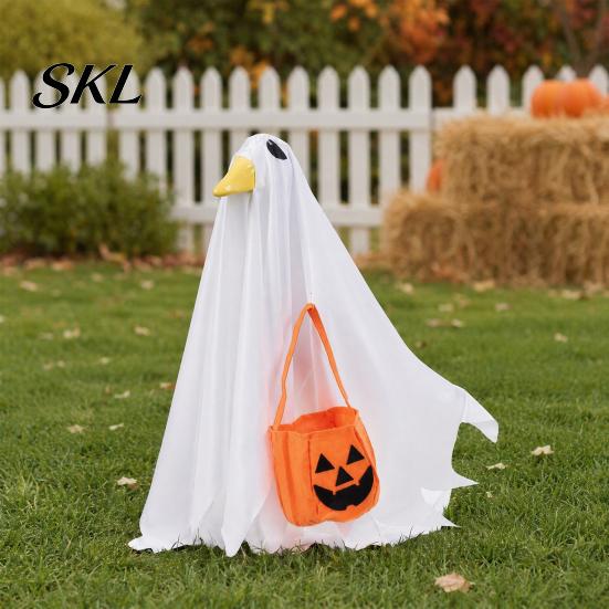 Unique Halloween Decor Goose Outfit, Ghost Porch Clothes with Pumpkin Bag for 23" Spooky Party Decoration Statue, Accessory Outdoor Patio Lawn