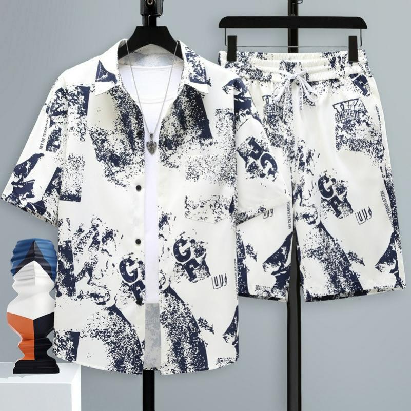 Men's Short-sleeved Suit Summer Leisure Sports Fried Street Trend Cool Shorts Two-piece Suit
