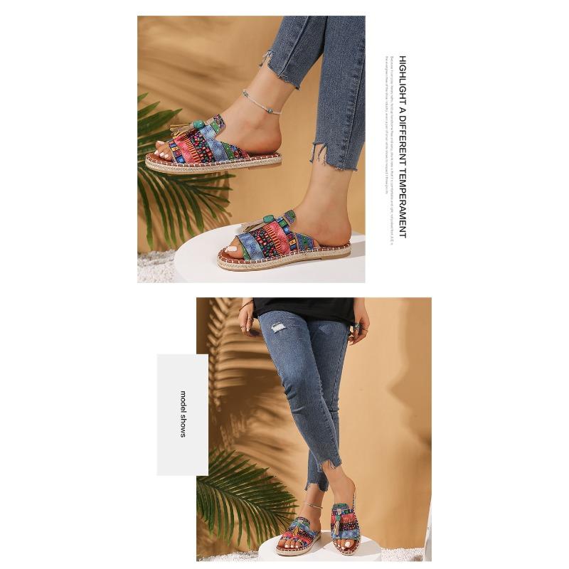 Boho płaskie sandały damskie - Nowość Lato 2025 z frędzlami - Rozmiar 43 Sandały plażowe