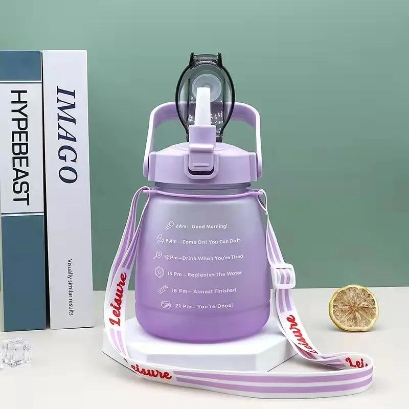 1200ml Large Capacity Frosted Mug Travel Sports Bottle Portable Plastic Cup with Shoulder Strap Straw Handheld Water Bottle