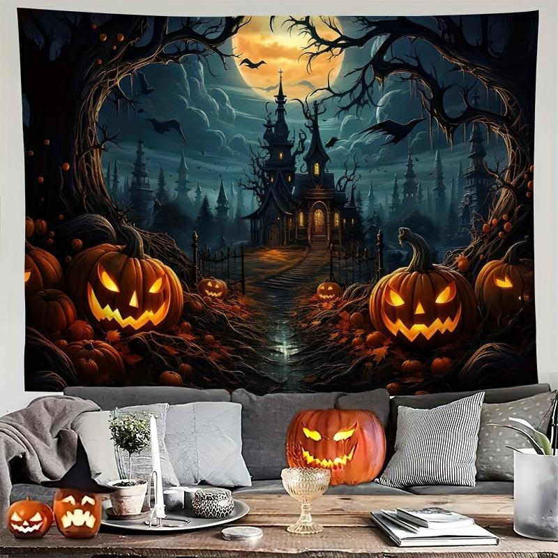 Halloween Tapestry Spooky Pumpkin Patch with Jack-O'-Lanterns Halloween Decorations Parties Themed Accessory Gothic Atmosphere