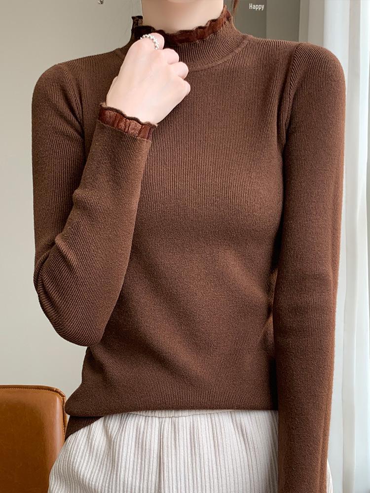 Women's Stylish Half-High Neck Knit Sweater - Lace Base Layer for Autumn & Winter