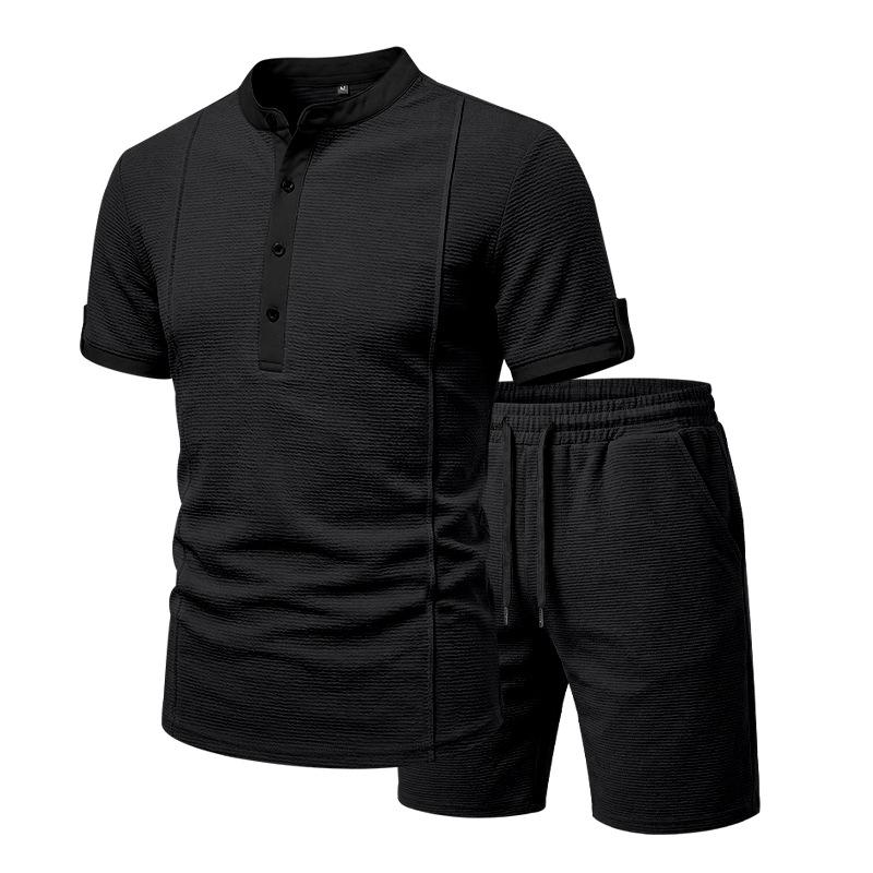 Men's 2-Piece Casual Outfit Henley Neck Short Sleeve T-Shirt Elastic Waist Shorts Set Summer Breathable Textured Tracksuit