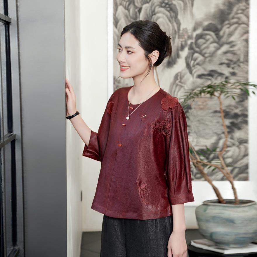Design Sense Fragrant Cloud Yarn Silk Shirt Women's Seven-quarter Sleeve Summer New Round Neck Mulberry Silk Top