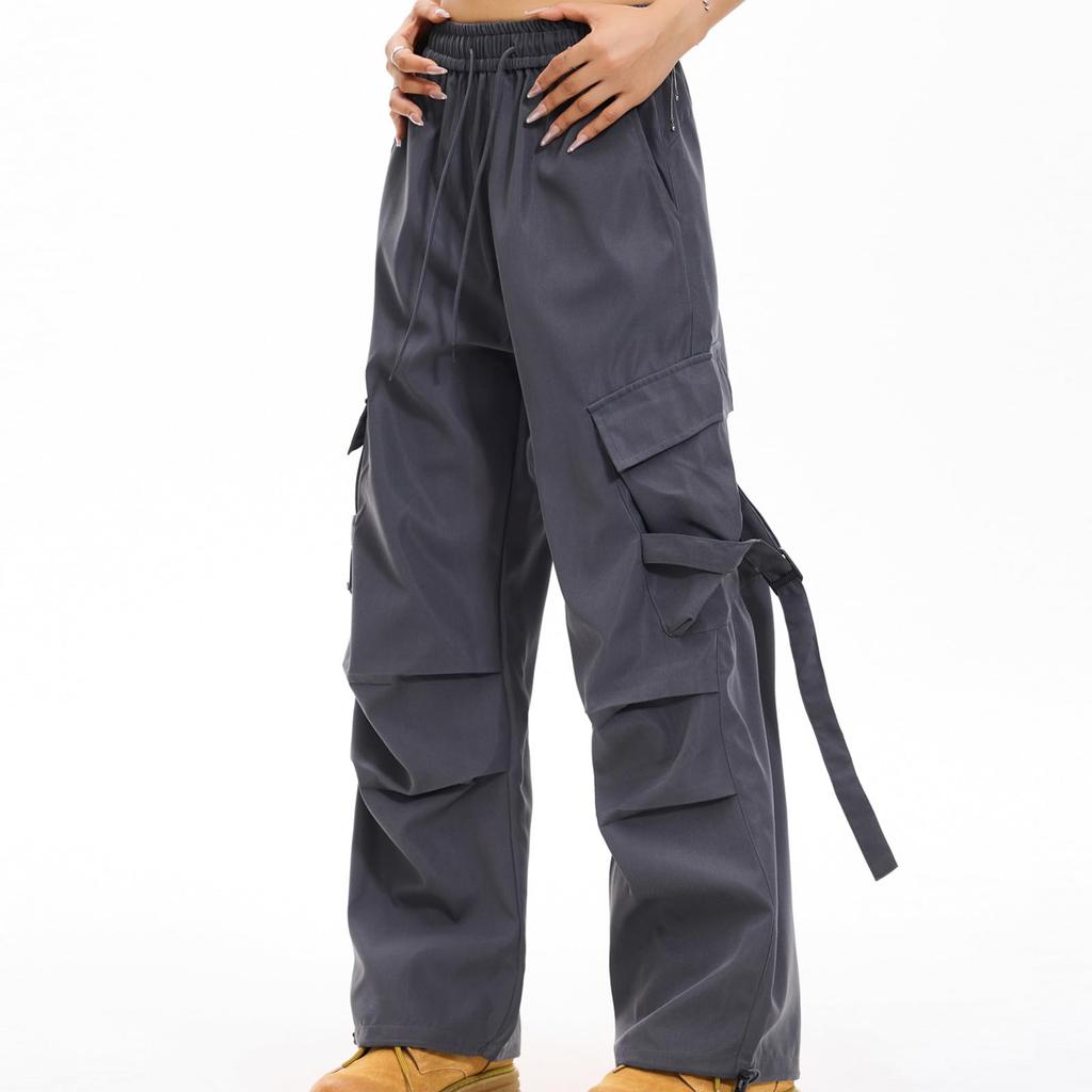 Damen Elastische Hose mit Hohem Bund Lässige Passform Weites Bein Lange Hose Hose mit Taschen