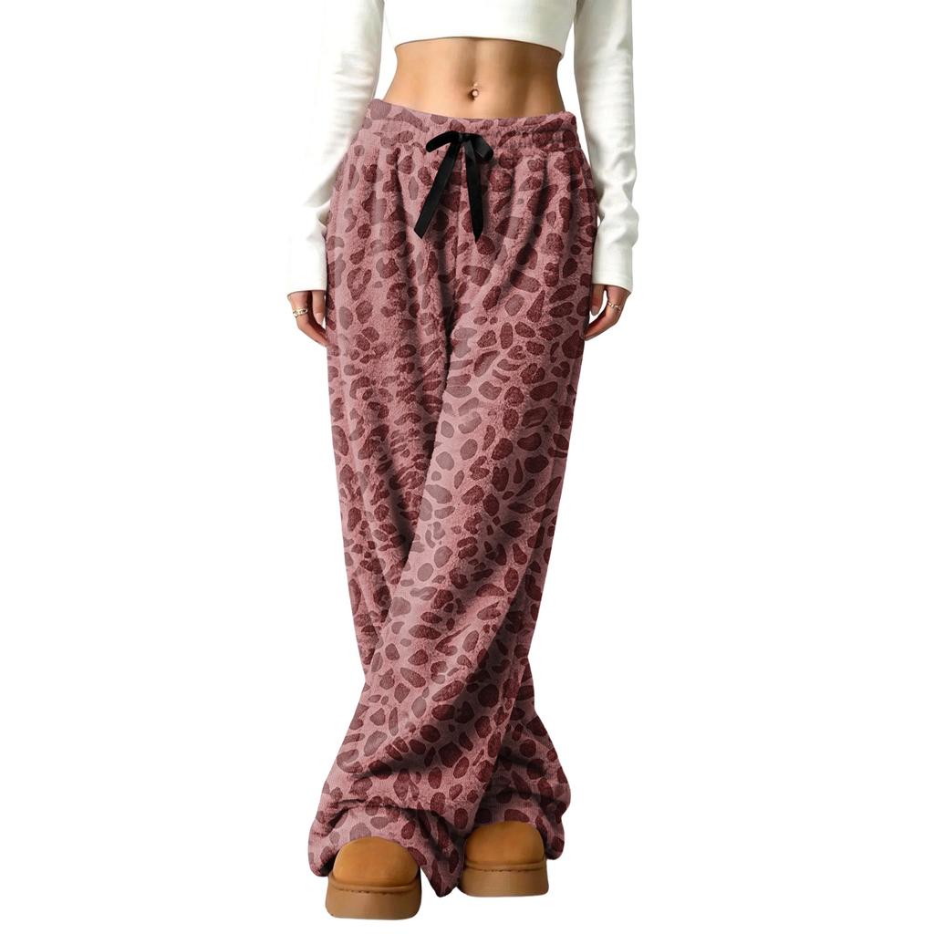 Women's Casual Leopard Print Lined Wide Leg Pants with Elastic Waist, Loose Fit