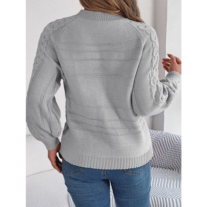 Neuer einfarbiger Pullover mit gedrehten Knöpfen und Laternenärmeln für Damen im Herbst und Winter