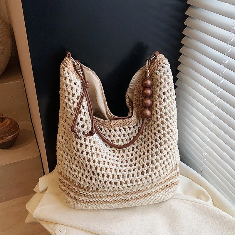 Women's Summer Fashi Hollow Knitted Handbag Ladies Casual Beach Vacati Beach Woven Bags Female Large Capacity Shoulder Bag
