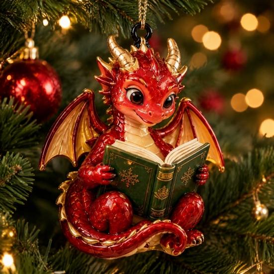Whimsical Dragon Decor for Bookshelf Bookish Ornament, Fantasy Book Dragons Christmas Hanging Unique Acrylic Ornament Decoration, Gothic Pendant,