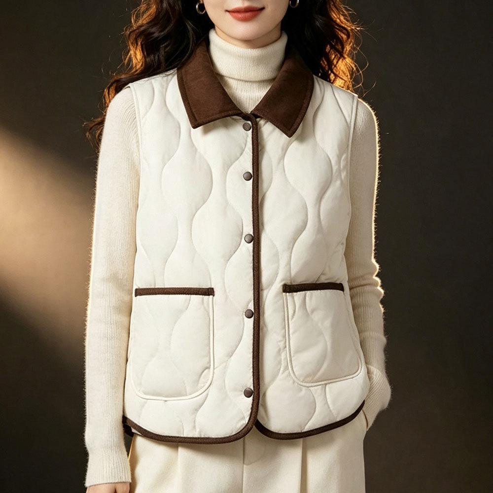 Women Lapel Collar Padded Vest Wavy Stitching Button Front Two Pockets Sleeveless Autumn Winter Vest