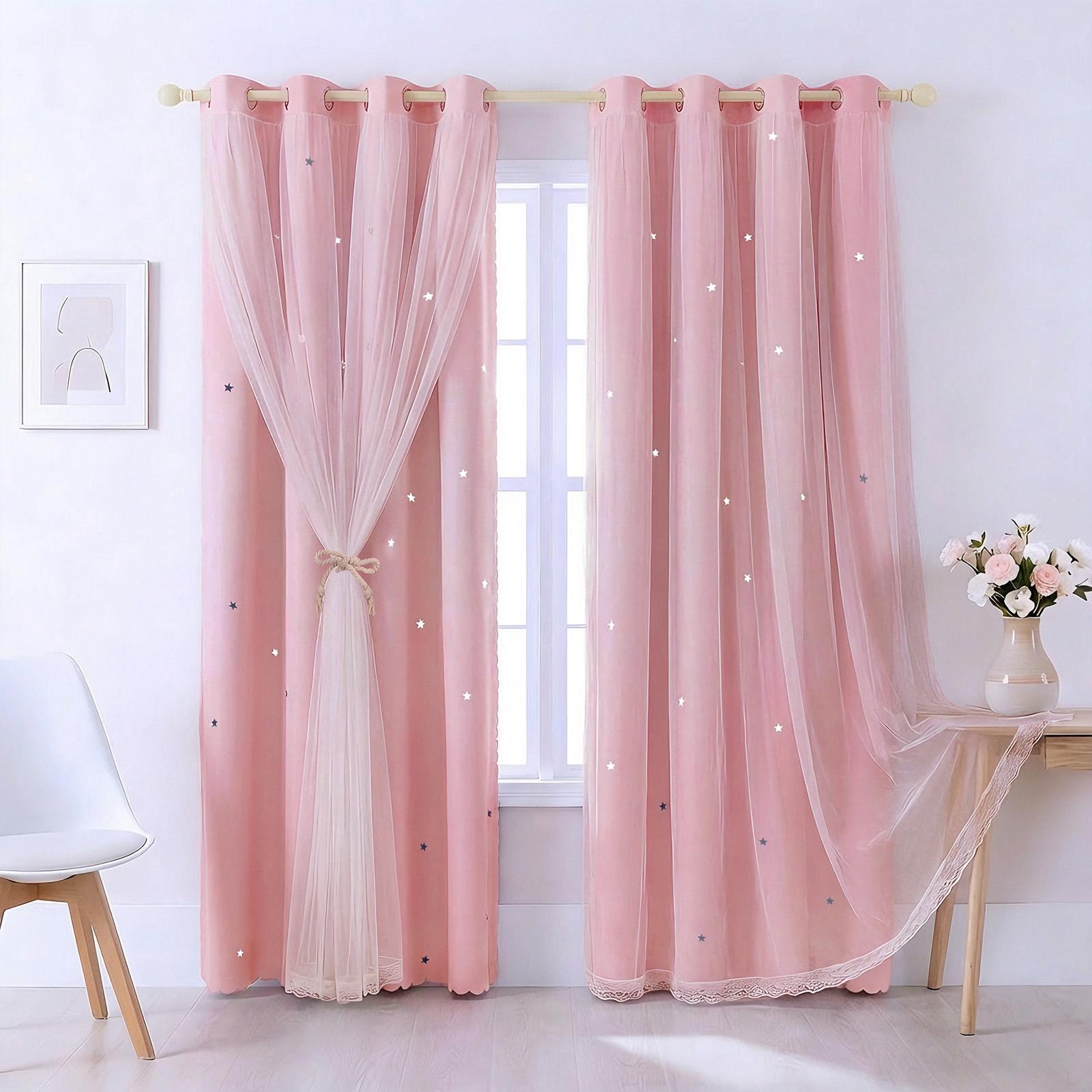 

Pink Blackout Curtains Double Layer Curtains with Sheer Overlay for Girls Bedroom Living Room Darkening Eyelet Window Treatment W132xH137CM розовый