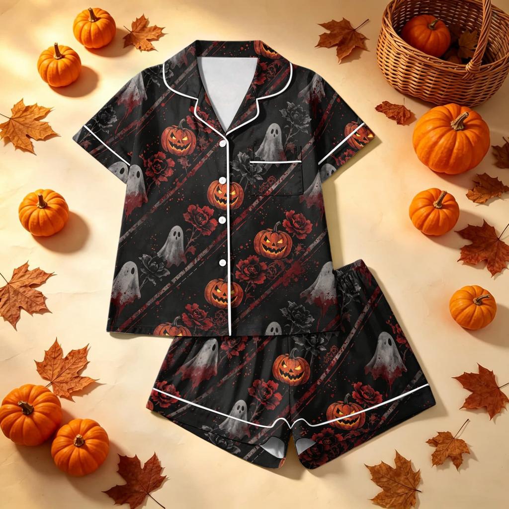 Women's Halloween Printed Pajama Two-Piece Set - Comfortable Sleepwear for Home & Sleep