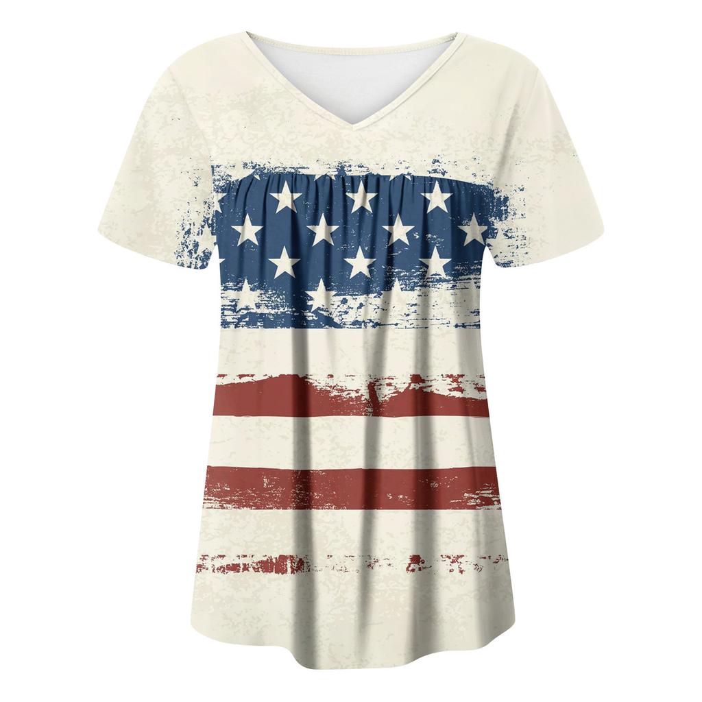 Women's Casual V-Neck Short Sleeve Chest Ruffle Printed Top