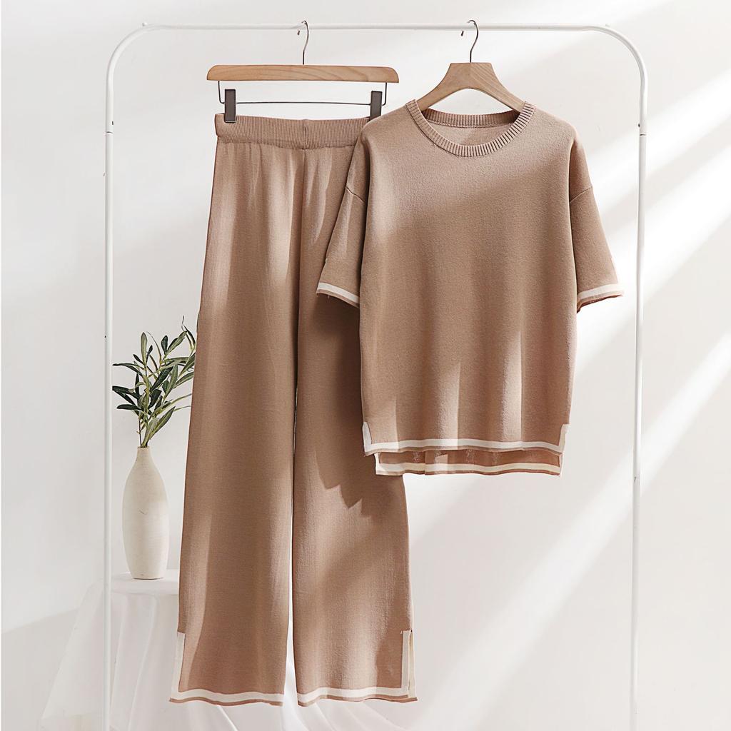 Ice Silk Knitted Suit Women's Suit Spring and Summer Two-piece Set Short-sleeved Splicing Casual and Thin Fashion