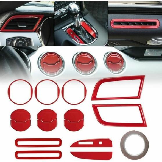 15 Stück Rote Voll-Innenraum Mittelkonsolen Dekor Abdeckung Zierleiste für Ford Mustang 2015+
