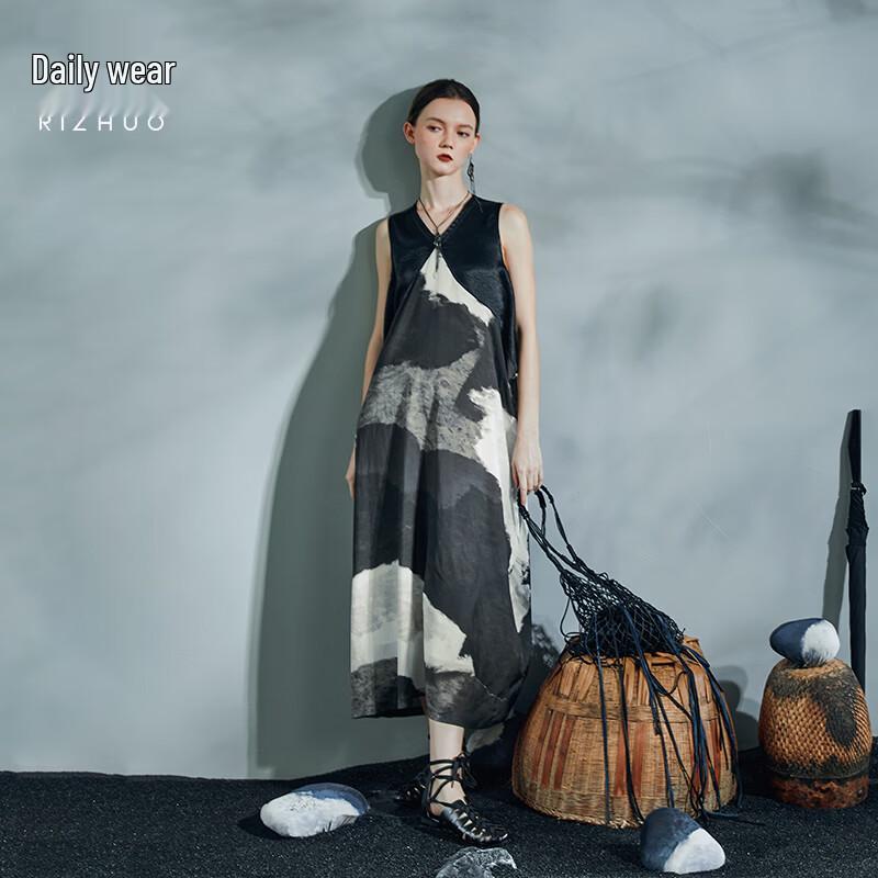 Elegant V-Neck Print Linen Blend Maxi Dress M