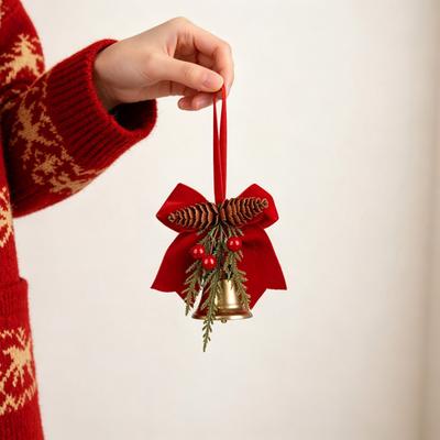 Holiday Home Decorations Christmas Bow Ornaments with Gold Jingle Bells, Xmas Tree Hanging Wreath Retail Window Displays Pine Cones, Red Berries