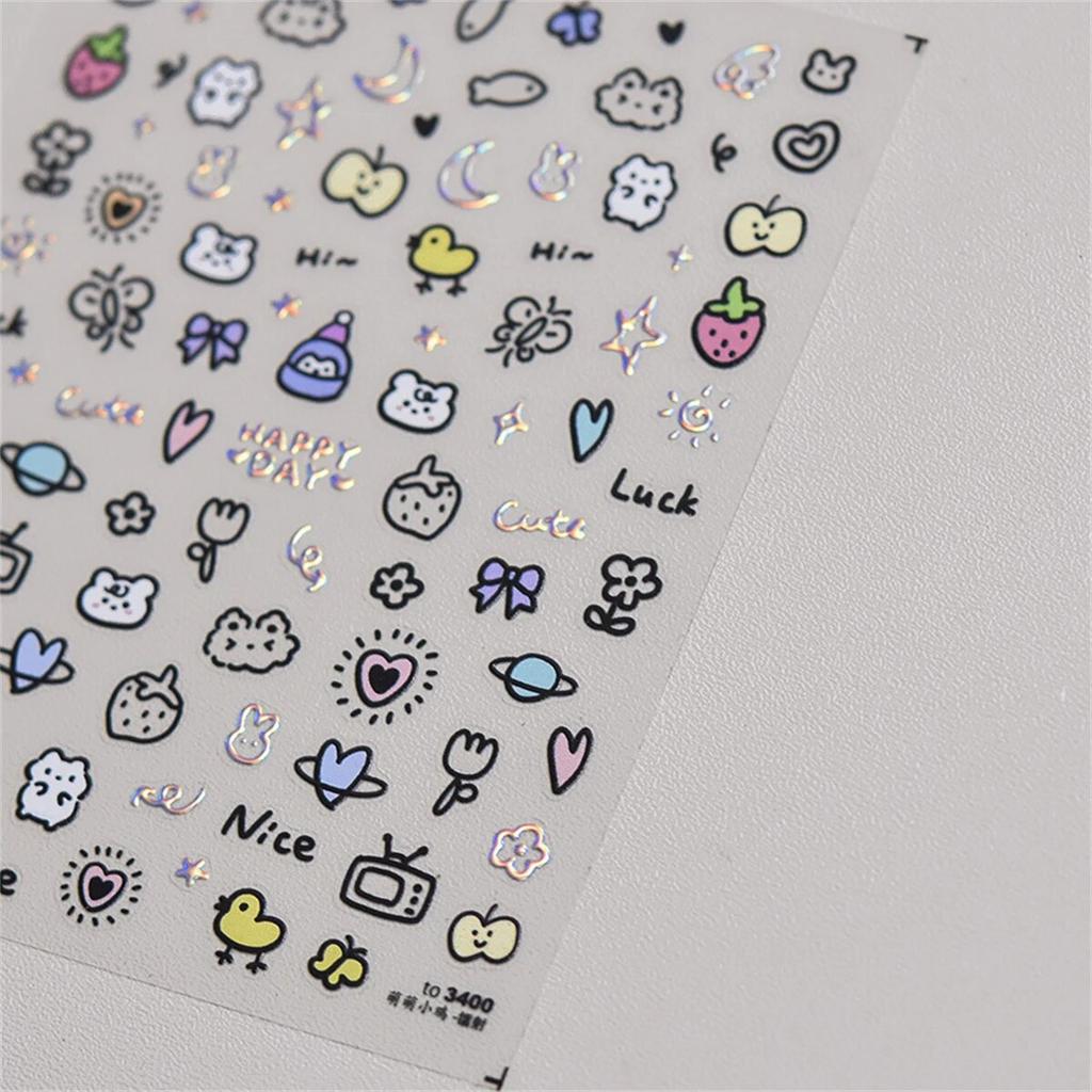 1pcs Cute Sketching Graffiti Animal Cat Dog Rabbit Bear Laser Nail Art Sticker Designs Self Adhesive Decoration Decal Acessories
