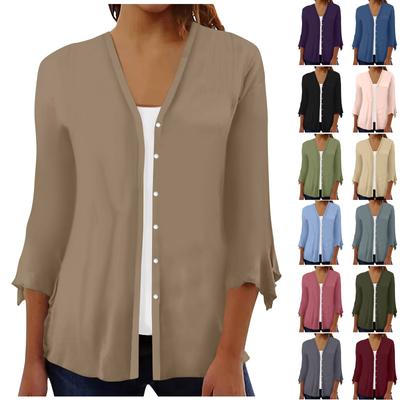 Women's Shirt Blouse Outerwear Solid Color 3/4 Length Sleeve Casual Holiday Basic Button Tops