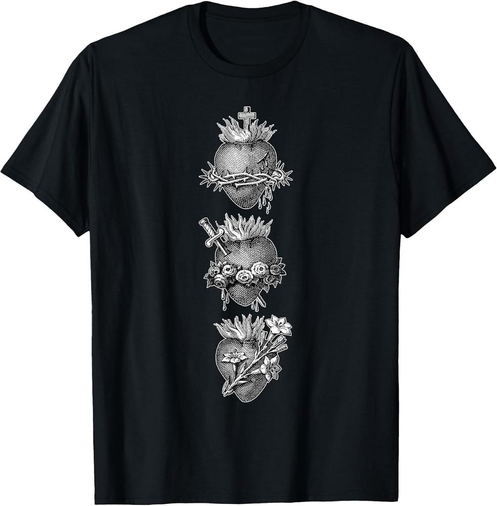 Sacred Hearts Of Jesus The Virgin Mary And Saint Joseph Cotton Tee - Made In Usa