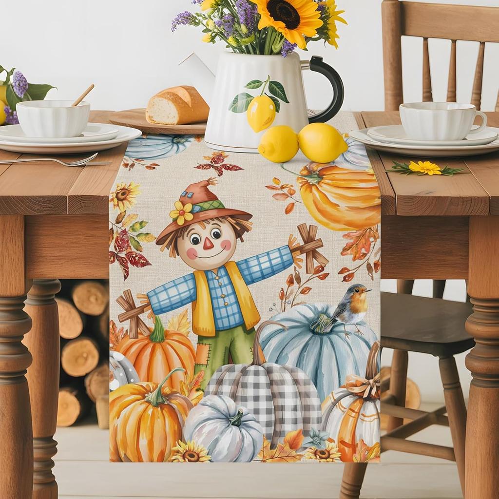 Fall Thanksgiving Scarecrows Pumpkins Table Runner Holiday Party Decor Reusable Kitchen Dining Table Runner Autumn Decorations