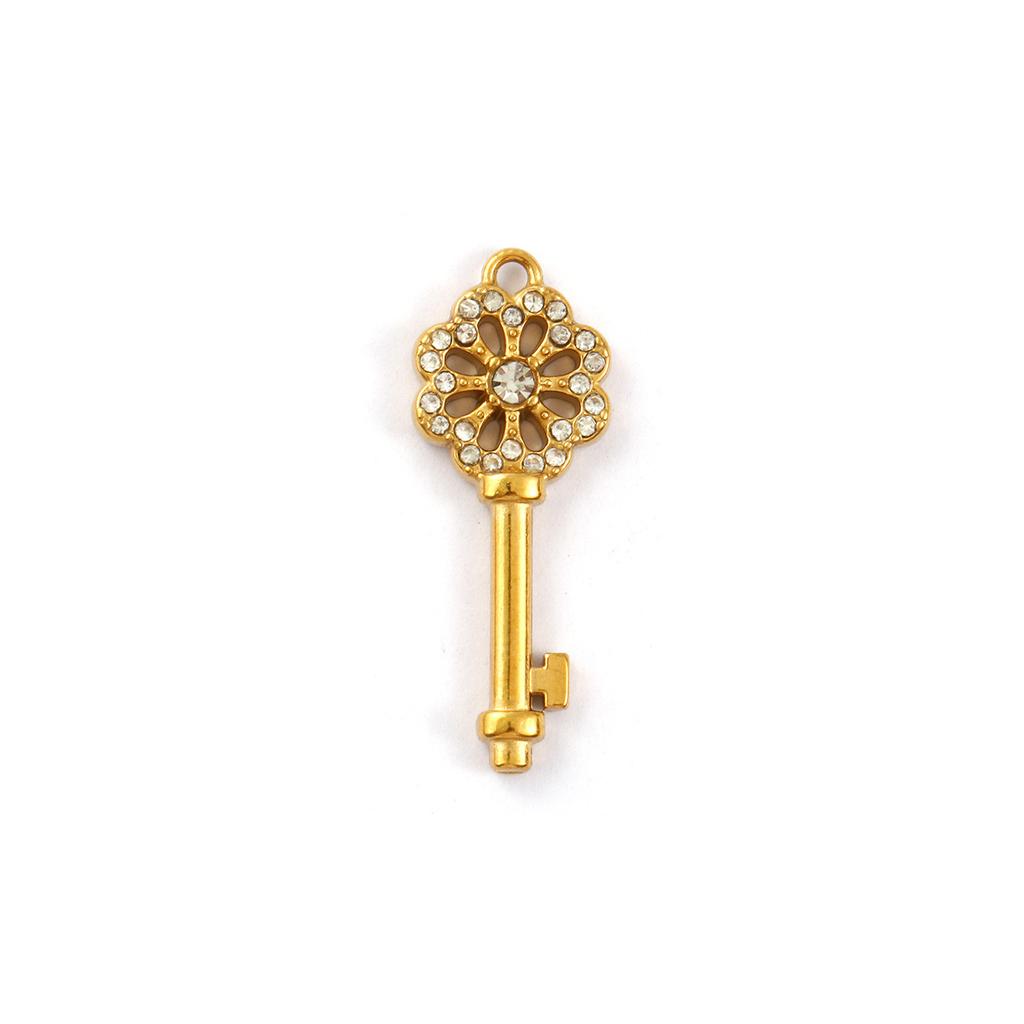 1 Piece 304 Stainless Steel Charms 18K Gold Plated Key Flower Hollow Clear Rhinestone Pendants for DIY Necklace 29mm x 11mm