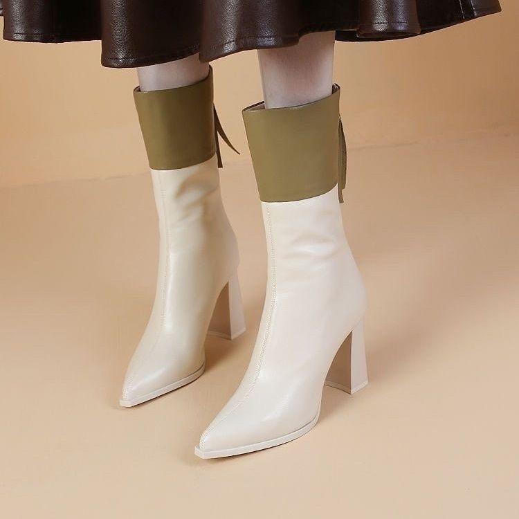 Fashion Color Blocking Pointed Toe Women's Half High Boots Elegant Heeled Leather Ladies Mid Calf Shoes Autumn Winter 2025 New Chic Boot