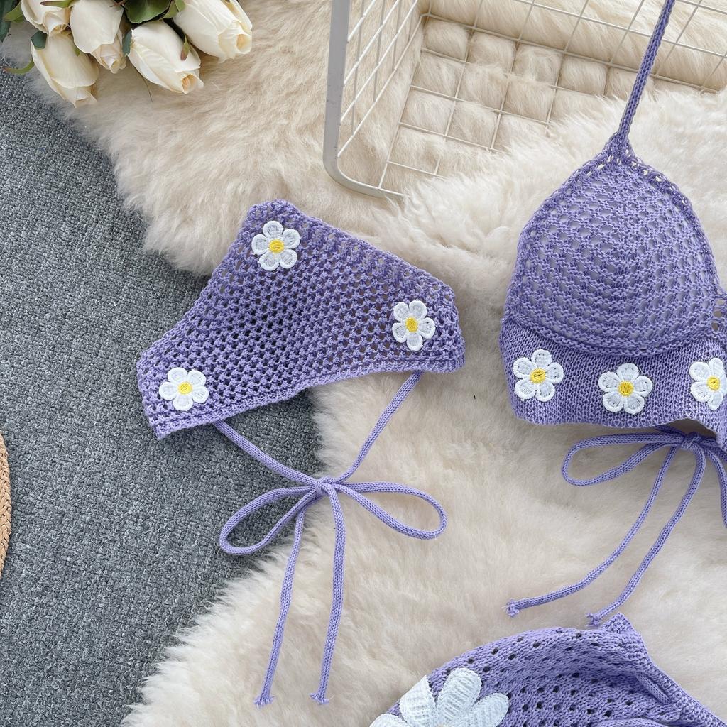 Korean Hollow Out Knitted Suits Women Halter Lace Up Bow Backless Tank Top Drawstring Split Mini Skirt Summer Fashion Sweet Two Pieces Sets