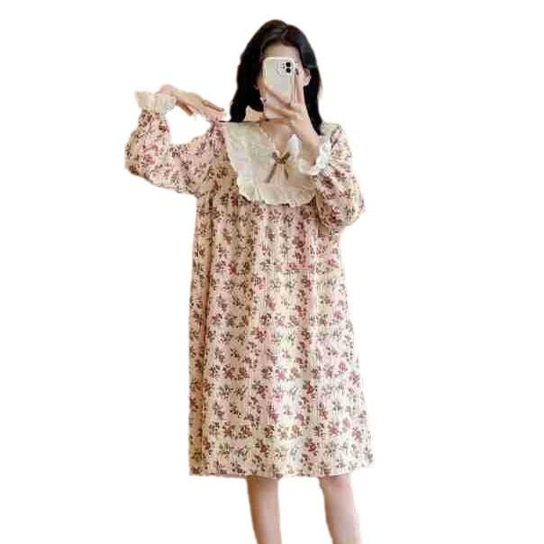 nightdress pure cotton double-layer crepe women's long-sleeved skirt spring and autumn thin cotton summer cute Korean version lace home skirt