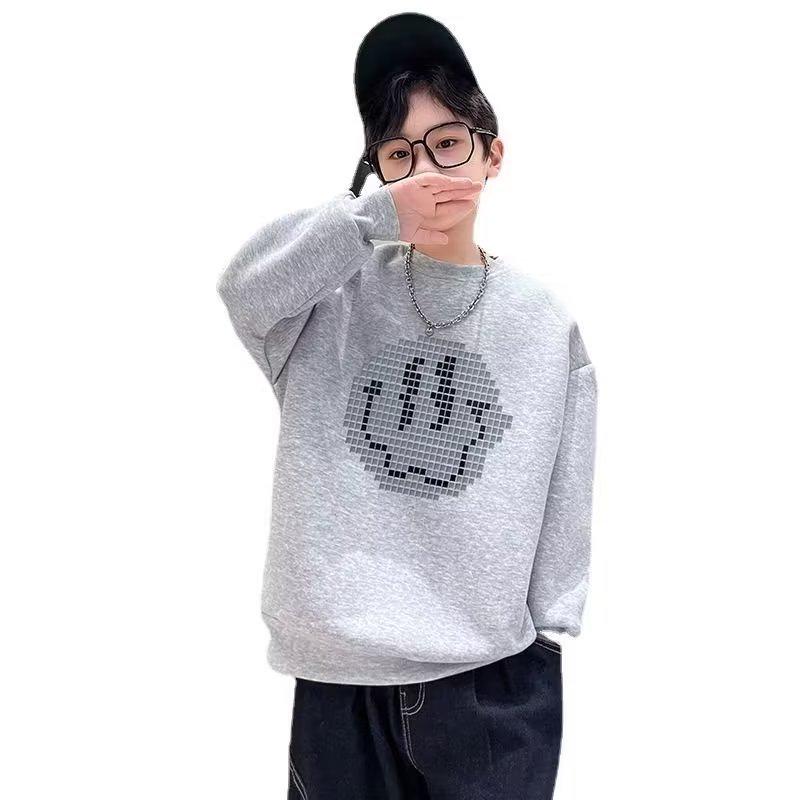 2024 Boys' Smiley Print Long Sleeve Sweatshirt - Spring/Autumn Style for Big & Middle Kids