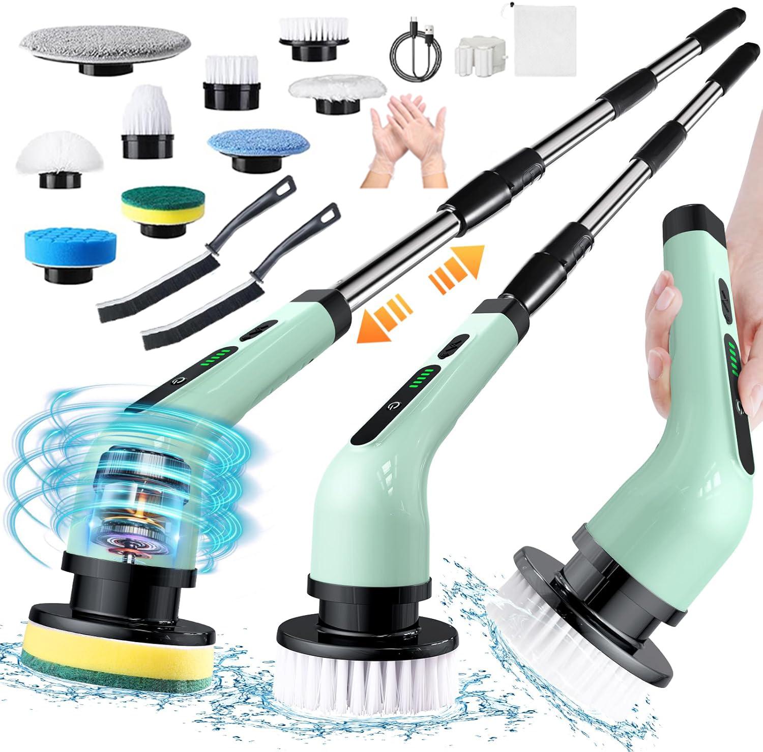

2025 Electric Rotating Floor Scrubber, Rechargeable Cleaning Brush, Shower Floor Scrubber, with 9 Brush Heads, 2H Power Dual Spe L світло-зелений колір