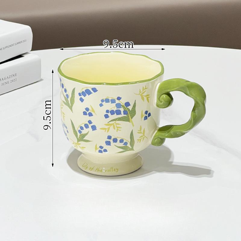 High looking Flowery and High Footed Ceramic Cup for Household Drinking Cup Pastoral Retro Couple Water Cup Office Coffee Cup