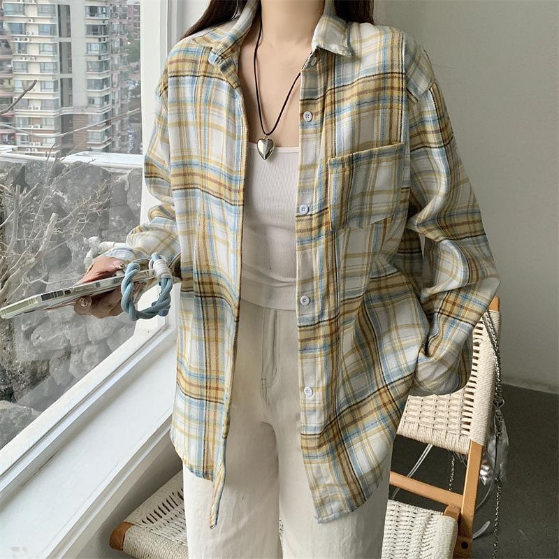 1116 New Spring and Autumn Design Plaid Shirt Jacket Women's New Loose Casual Meat Cover Medium and Long Shirt