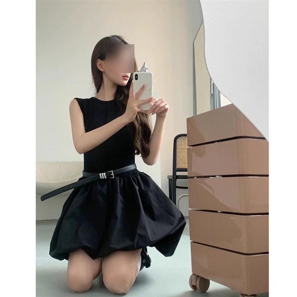 Coffee Break French Black Sleeveless Dress Women's Casual New Summer Temperament Waist Bud Dress Small Man